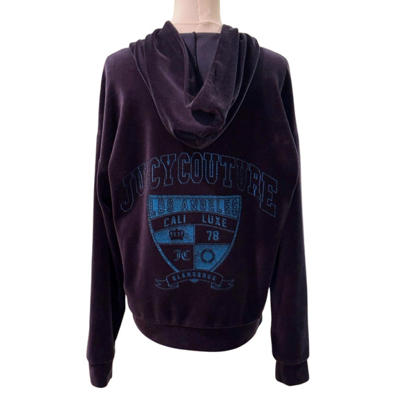 Juicy Couture Y2K Navy Blue LA Graphic Velour Pullover Hoodie Metallic Medium - Picture 1 of 8